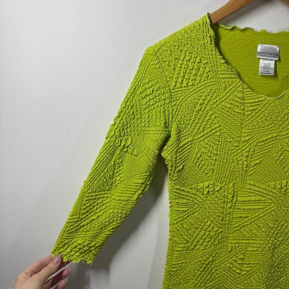 Haystacks Top Women XS Green Lettuce Hem 3/4 Sleeve Crinkle Y2K Bratz Spring - Picture 3 of 7